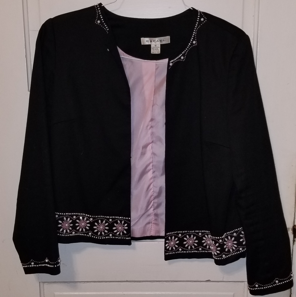 Black jacket with white/ pink bead embellishments